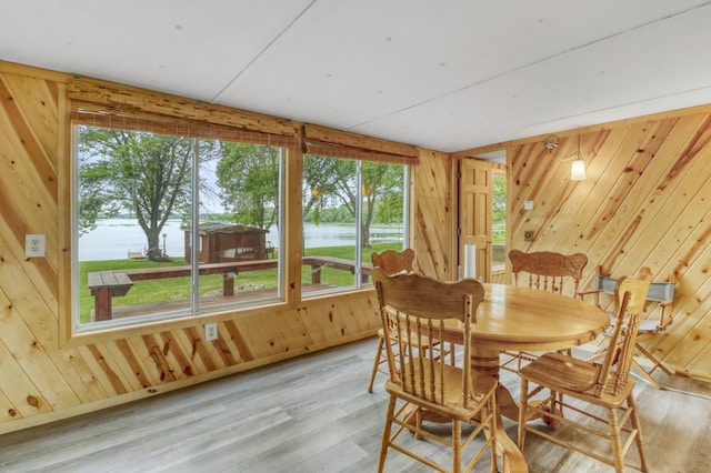 24505 Twilight Ln, Lida Twp, MN 56572 - dining room featuring a water view, wood walls, and wood finished floors