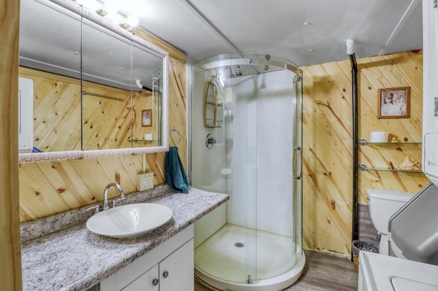 24505 Twilight Ln, Lida Twp, MN 56572 - bathroom featuring wooden walls, a stall shower, vanity, and wood finished floors
