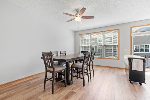 4107 Regent Ave N, Robbinsdale, MN 55422 - dining room featuring ceiling fan, light wood-style flooring, a textured ceiling, and baseboards
