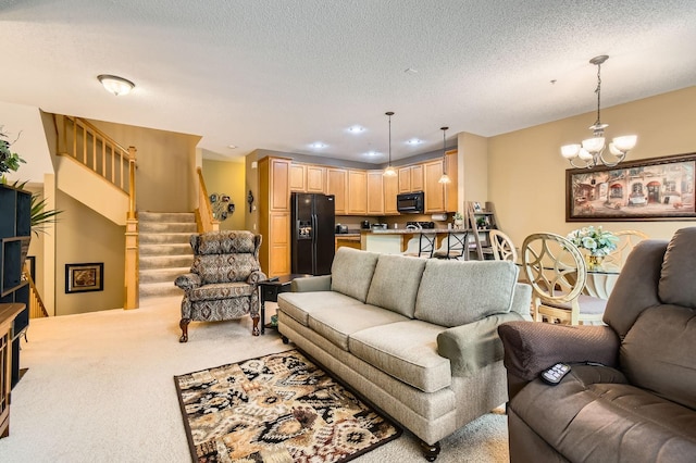 3661 Hazel Trl Unit H, Woodbury, MN 55129 - living area with light carpet, a chandelier, stairs, and a textured ceiling