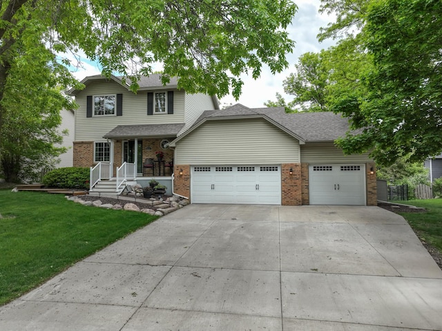 8821 Jonquil Ln N, Maple Grove, MN 55369 - traditional-style house with brick siding, an attached garage, driveway, a front yard, and roof with shingles