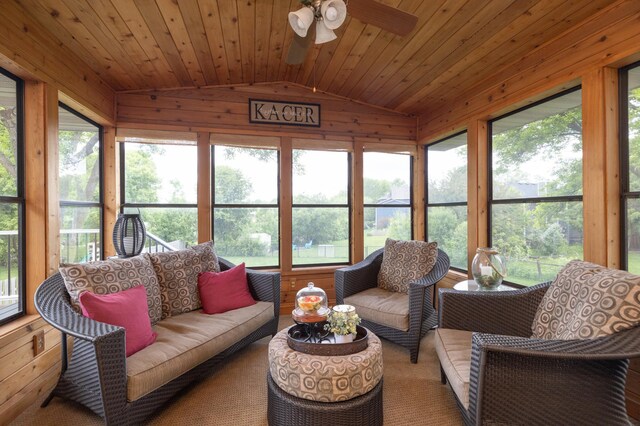 8821 Jonquil Ln N, Maple Grove, MN 55369 - sunroom featuring lofted ceiling, ceiling fan, plenty of natural light, and an outdoor hangout area