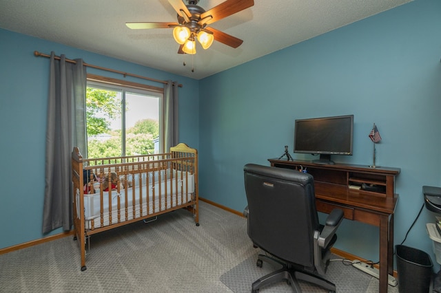 8821 Jonquil Ln N, Maple Grove, MN 55369 - carpeted bedroom featuring baseboards, an office area, and a ceiling fan