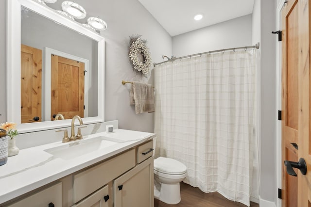 25822 Emerson Ct, Wyoming, MN 55092 - full bathroom with toilet, vanity, wood finished floors, and a shower with curtain