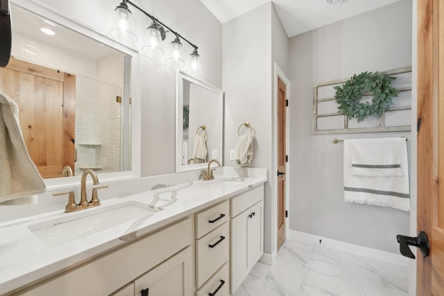 25822 Emerson Ct, Wyoming, MN 55092 - full bath featuring double vanity, marble finish floors, baseboards, and a shower