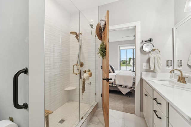 25822 Emerson Ct, Wyoming, MN 55092 - ensuite bathroom featuring vanity, a shower stall, and marble look tiles