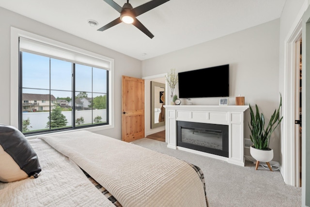25822 Emerson Ct, Wyoming, MN 55092 - bedroom featuring carpet flooring, a glass covered fireplace, and ceiling fan