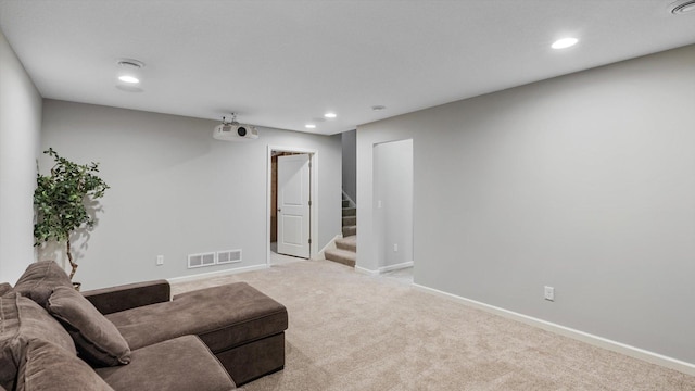 6455 Timber Arch Dr, Chaska, MN 55318 - living area with recessed lighting, stairs, light carpet, and baseboards
