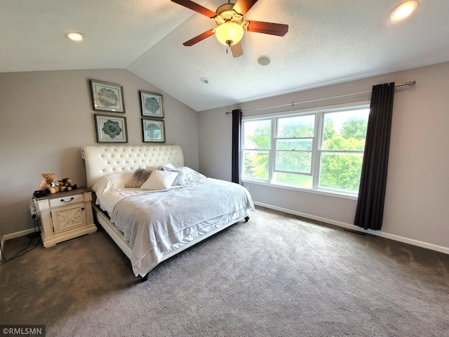 10402 Indiana Ave N, Brooklyn Park, MN 55443 - bedroom with baseboards, lofted ceiling, dark colored carpet, ceiling fan, and recessed lighting