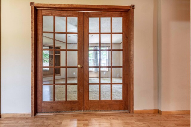 45379 Crystal Hills Dr, Lida Twp, MN 56572 - detailed view of french doors, wood finished floors, and baseboards