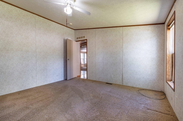45379 Crystal Hills Dr, Lida Twp, MN 56572 - empty room featuring crown molding, carpet flooring, a ceiling fan, and a textured ceiling
