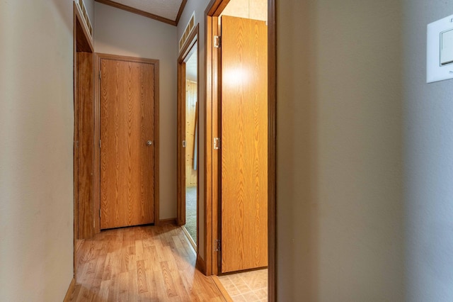45379 Crystal Hills Dr, Lida Twp, MN 56572 - corridor with light wood-style flooring and crown molding