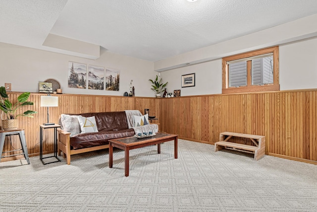 4985 142nd Ln NW, Ramsey, MN 55303 - living area with wainscoting, a textured ceiling, light carpet, and wooden walls