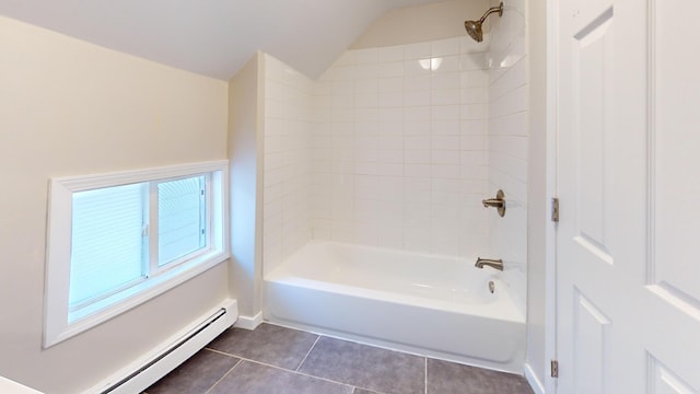594 Charles Ave, Saint Paul, MN 55103 - full bathroom featuring tile patterned flooring, a baseboard radiator, lofted ceiling, tub / shower combination, and baseboards