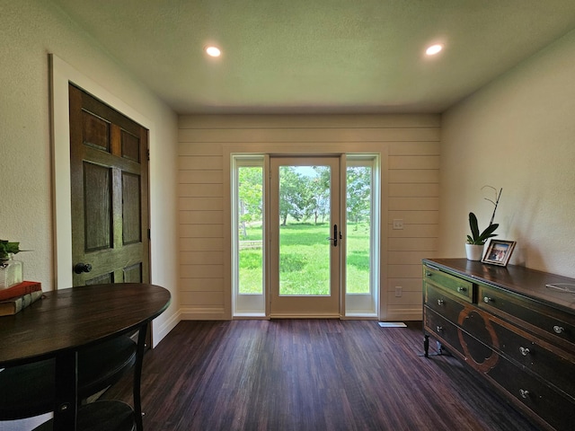 2032 70th Ave, Altona Twp, MN 56164 - doorway to outside with dark wood finished floors, recessed lighting, and wooden walls