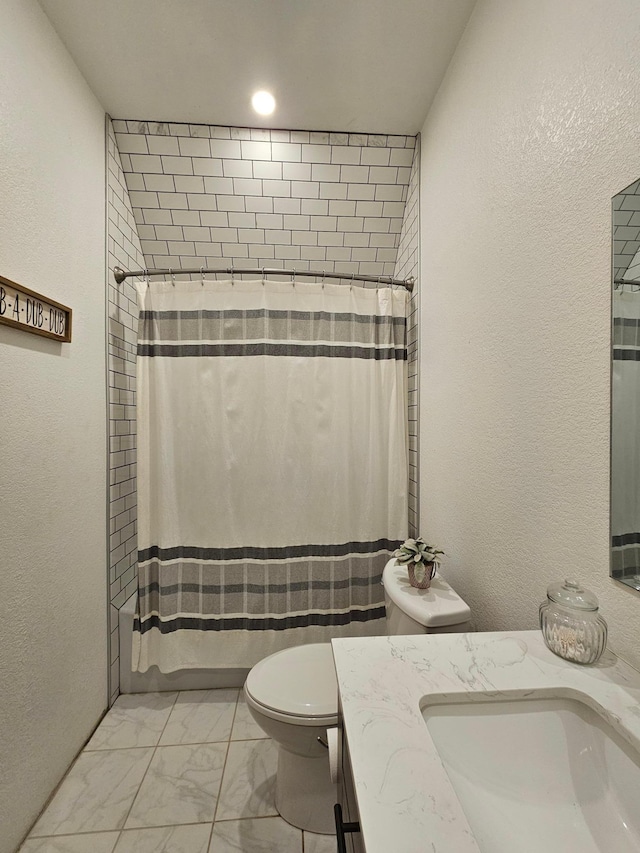 2032 70th Ave, Altona Twp, MN 56164 - full bathroom with vanity, marble finish floors, a shower with shower curtain, and a textured wall