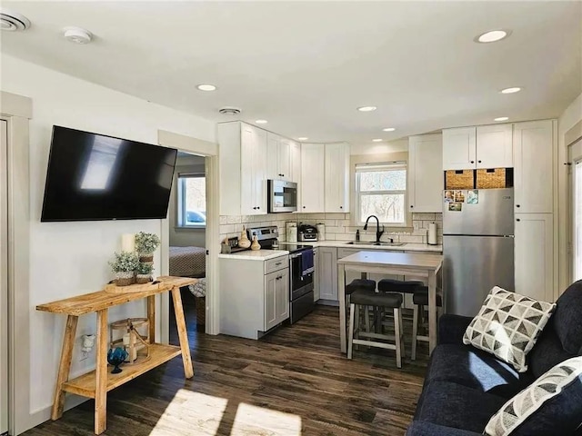 2011/2 10th Ave SE, Pipestone, MN 56164 - kitchen featuring appliances with stainless steel finishes, a sink, dark wood-style flooring, tasteful backsplash, and light countertops