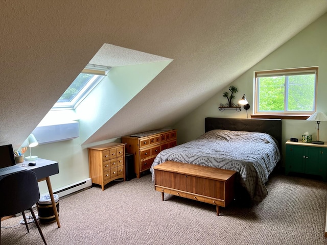 252 Miller St, Spicer, MN 56288 - bedroom featuring lofted ceiling, carpet, a textured ceiling, baseboard heating, and a skylight