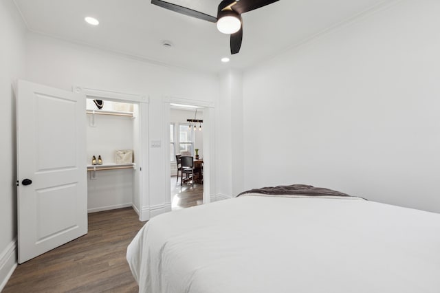 609 2nd Ave NE, Sleepy Eye, MN 56085 - bedroom featuring ornamental molding, wood finished floors, baseboards, a ceiling fan, and recessed lighting