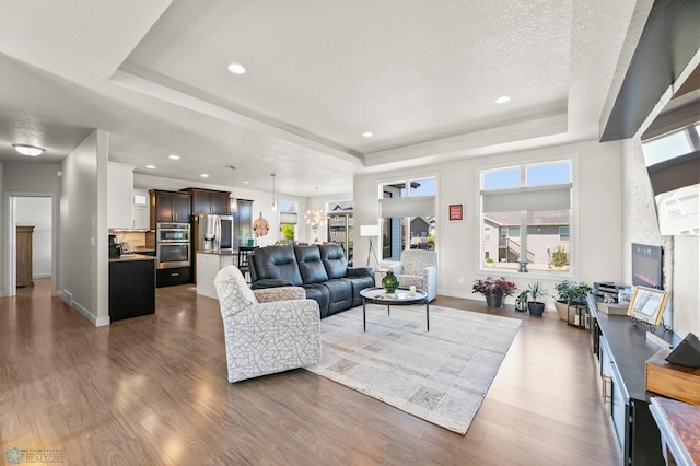 3784 Bell Blvd E, West Fargo, ND 58078 - living area featuring a raised ceiling, dark wood finished floors, healthy amount of natural light, recessed lighting, and a textured ceiling