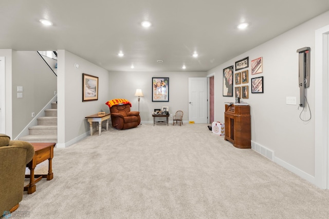 3784 Bell Blvd E, West Fargo, ND 58078 - living area featuring recessed lighting, carpet, stairs, and baseboards