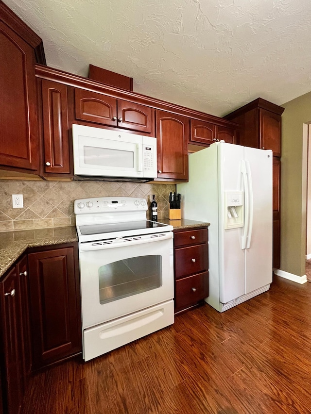 17300 Baseline Ave, Sand Creek Twp, MN 55352 - kitchen with white appliances, dark wood-style flooring, decorative backsplash, dark brown cabinets, and a textured ceiling