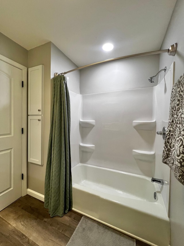 17300 Baseline Ave, Sand Creek Twp, MN 55352 - bathroom featuring shower / bath combo, wood finished floors, baseboards, and recessed lighting