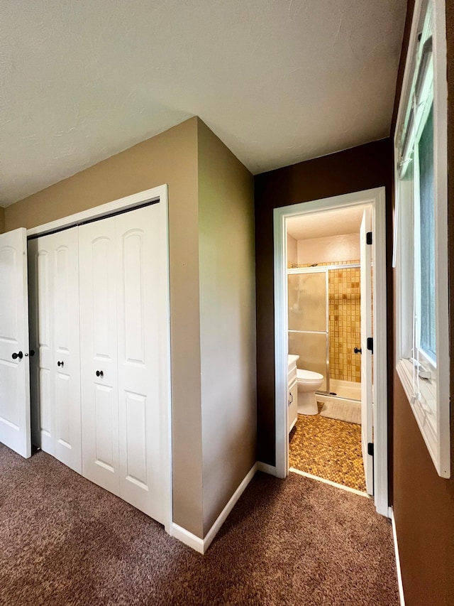 17300 Baseline Ave, Sand Creek Twp, MN 55352 - unfurnished bedroom with dark colored carpet, baseboards, a closet, and ensuite bathroom