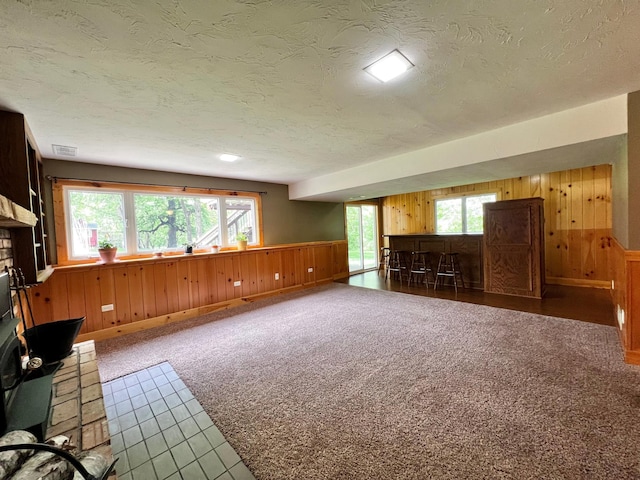 17300 Baseline Ave, Sand Creek Twp, MN 55352 - unfurnished living room featuring wooden walls, a textured ceiling, a bar, a wainscoted wall, and carpet flooring