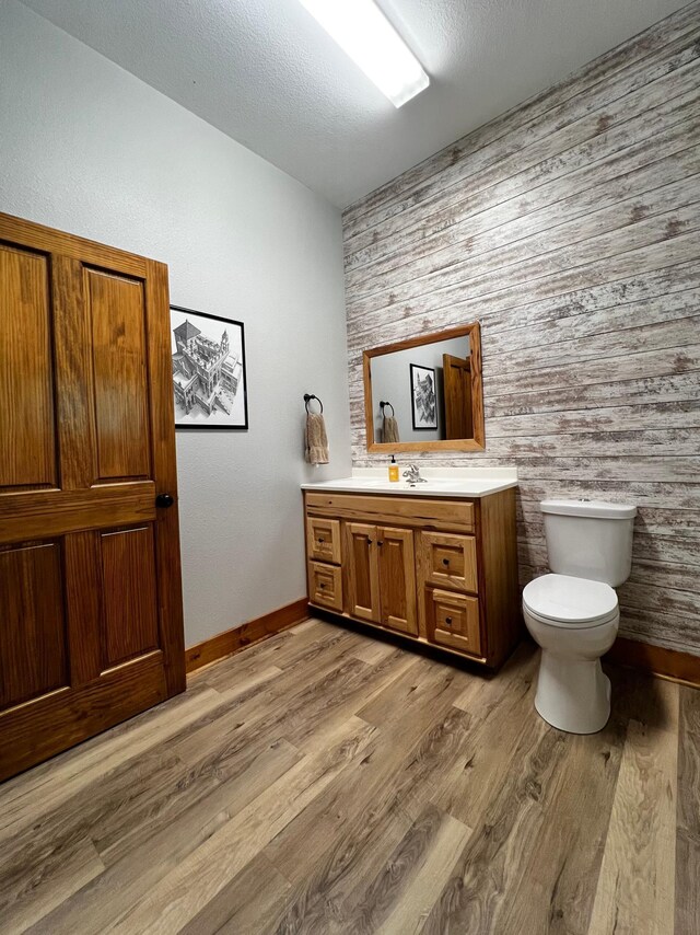 17300 Baseline Ave, Sand Creek Twp, MN 55352 - bathroom with vanity, toilet, wood finished floors, baseboards, and wooden walls