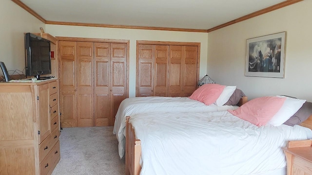 7470 Point Ln, Britt, MN 55710 - bedroom with light carpet, multiple closets, and ornamental molding