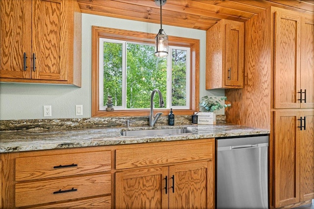 2614 Leroy Rd, Eveleth, MN 55734 - kitchen with dishwasher, a sink, light stone counters, decorative light fixtures, and brown cabinets