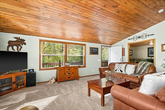 2614 Leroy Rd, Eveleth, MN 55734 - carpeted living room with lofted ceiling, wood ceiling, healthy amount of natural light, and baseboards