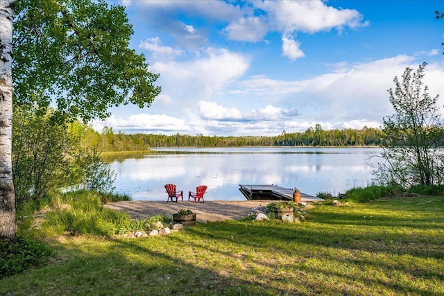 2614 Leroy Rd, Eveleth, MN 55734 - dock area featuring a water view, a wooded view, and a yard