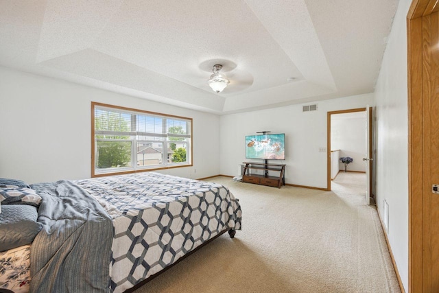 12332 3rd St NE, Blaine, MN 55434 - bedroom featuring a tray ceiling, light colored carpet, baseboards, and a textured ceiling
