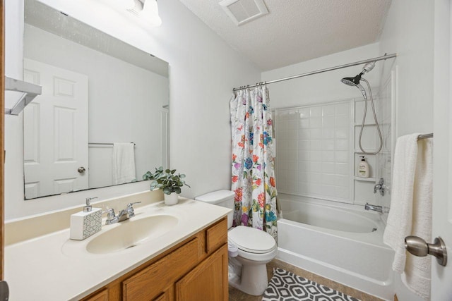 12332 3rd St NE, Blaine, MN 55434 - full bathroom featuring toilet, vanity, a textured ceiling, shower / bathtub combination with curtain, and tile patterned floors