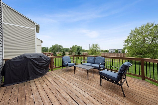 12332 3rd St NE, Blaine, MN 55434 - wooden terrace featuring an outdoor hangout area, area for grilling, and a yard