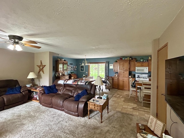 10696 Leaf River Rd, Leaf River Twp, MN 56482 - living area featuring a textured ceiling, ceiling fan, a chandelier, and light colored carpet
