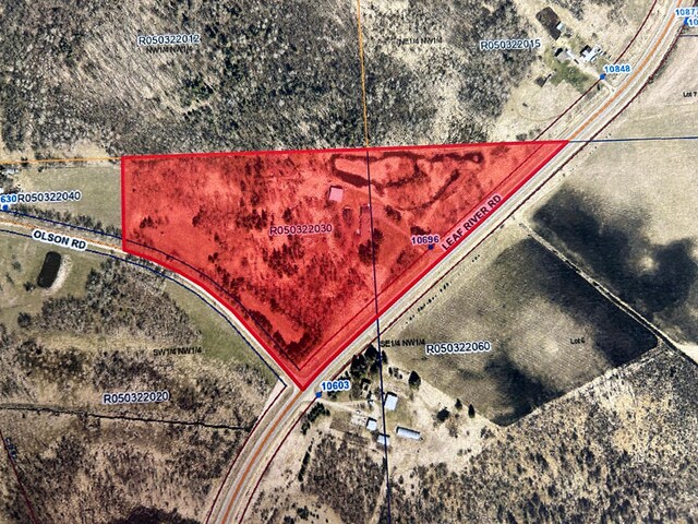 10696 Leaf River Rd, Leaf River Twp, MN 56482 - aerial overview of property's location featuring property parcel outlined