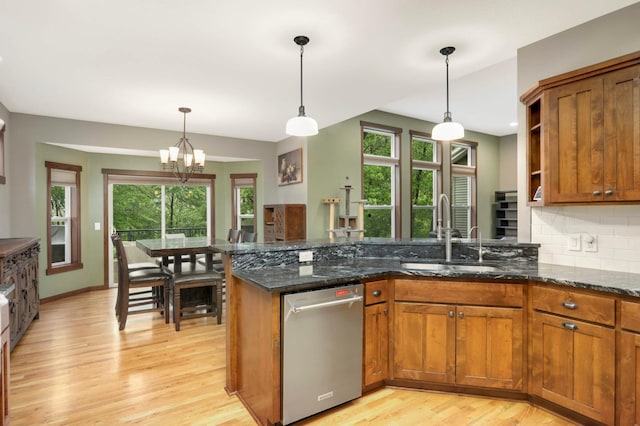 2349 175th Ln NE, Ham Lake, MN 55304 - kitchen featuring a sink, dishwasher, brown cabinets, a peninsula, and light wood-type flooring