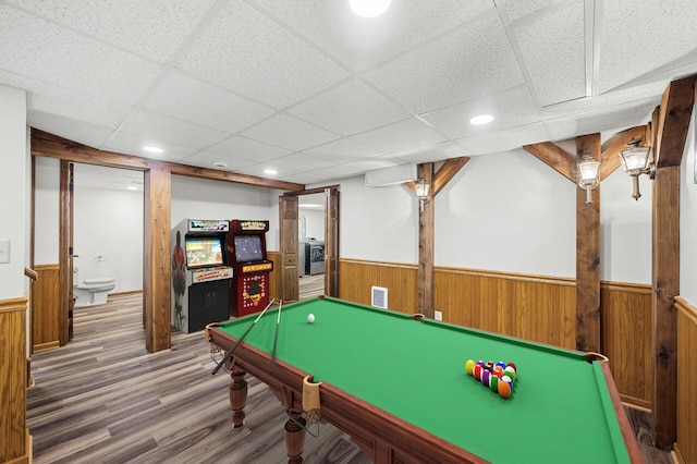 1928 Cleveland St NE, Minneapolis, MN 55418 - rec room with wainscoting, wood finished floors, wooden walls, billiards, and a paneled ceiling