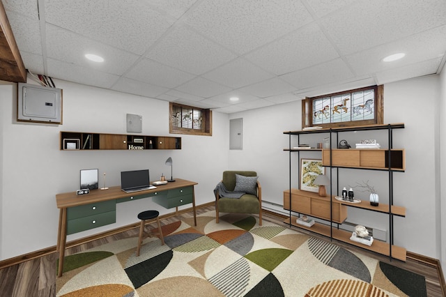 1928 Cleveland St NE, Minneapolis, MN 55418 - home office with electric panel, baseboards, a paneled ceiling, recessed lighting, and wood finished floors