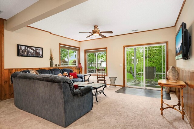 14550 Hunters Ln, Savage, MN 55378 - living area featuring wood walls, a ceiling fan, light carpet, wainscoting, and ornamental molding