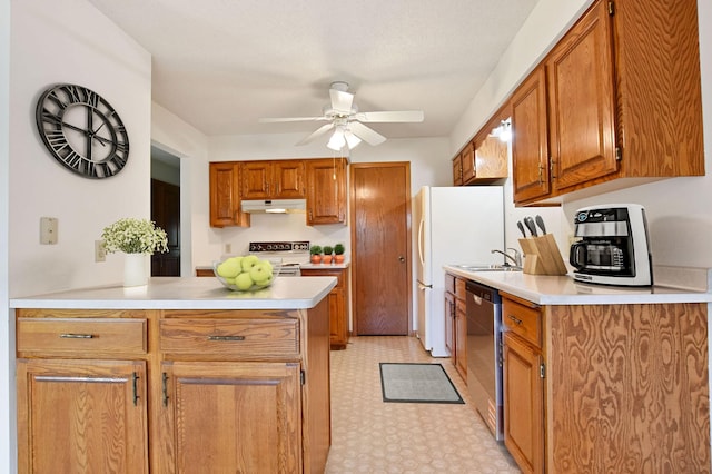 1871 Livingston Ave Unit C, West Saint Paul, MN 55118 - kitchen with under cabinet range hood, white appliances, ceiling fan, light countertops, and a peninsula