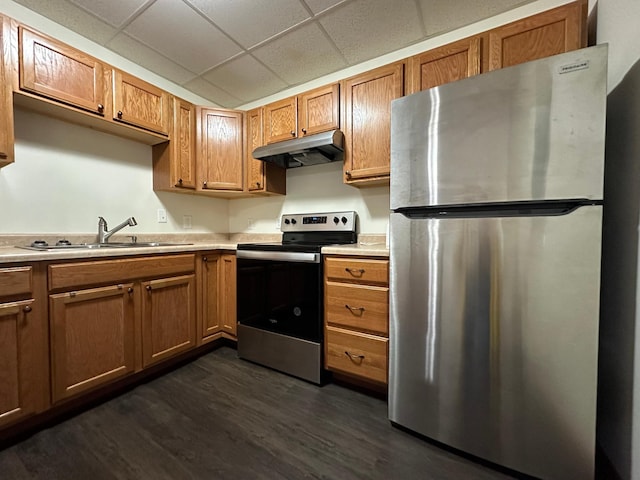109 Luverne St Unit 220, Luverne, MN 56156 - kitchen with stainless steel appliances, under cabinet range hood, a drop ceiling, a sink, and dark wood-style flooring