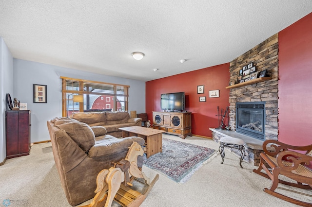 20482 28th Ave N, Cromwell Twp, MN 56549 - living area featuring light carpet, a fireplace, a textured ceiling, and baseboards