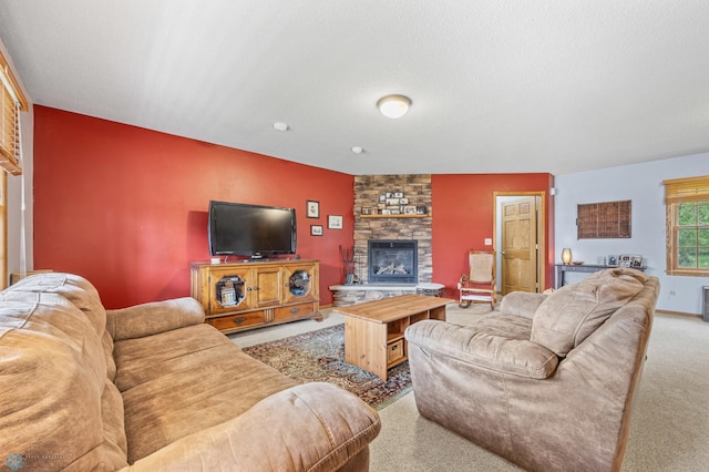 20482 28th Ave N, Cromwell Twp, MN 56549 - living room featuring carpet floors and a stone fireplace