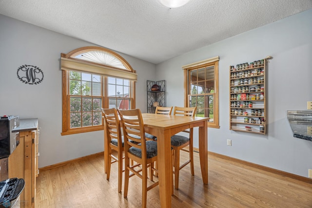 20482 28th Ave N, Cromwell Twp, MN 56549 - dining area featuring light wood-style flooring, a textured ceiling, and baseboards