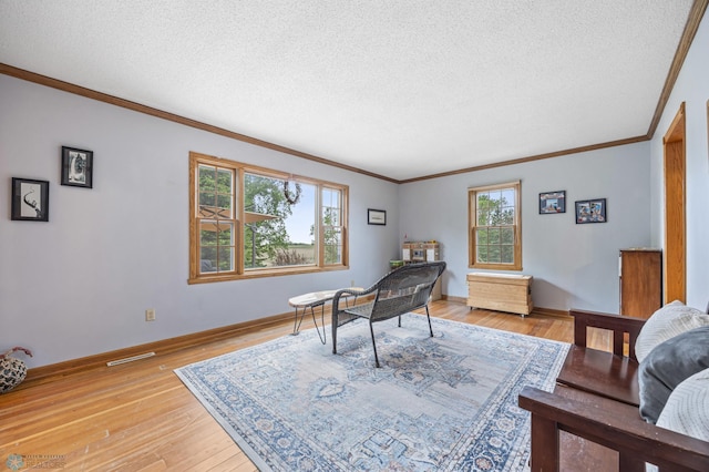 20482 28th Ave N, Cromwell Twp, MN 56549 - office space with crown molding, light wood-style flooring, a textured ceiling, and baseboards