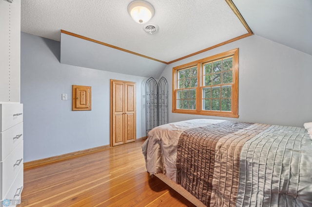 20482 28th Ave N, Cromwell Twp, MN 56549 - bedroom with vaulted ceiling, light wood finished floors, baseboards, and a closet